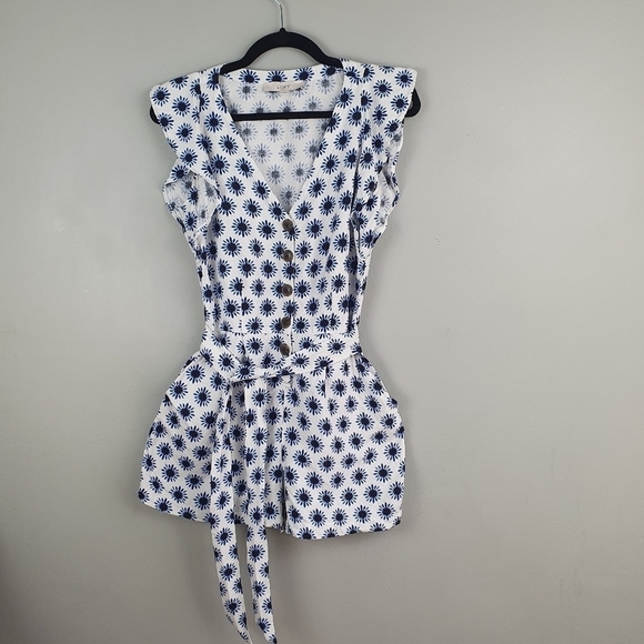 LOFT Flutter Romper Linen Mix Blue/White‎ Women's Size 0 - Picture 4 of 14